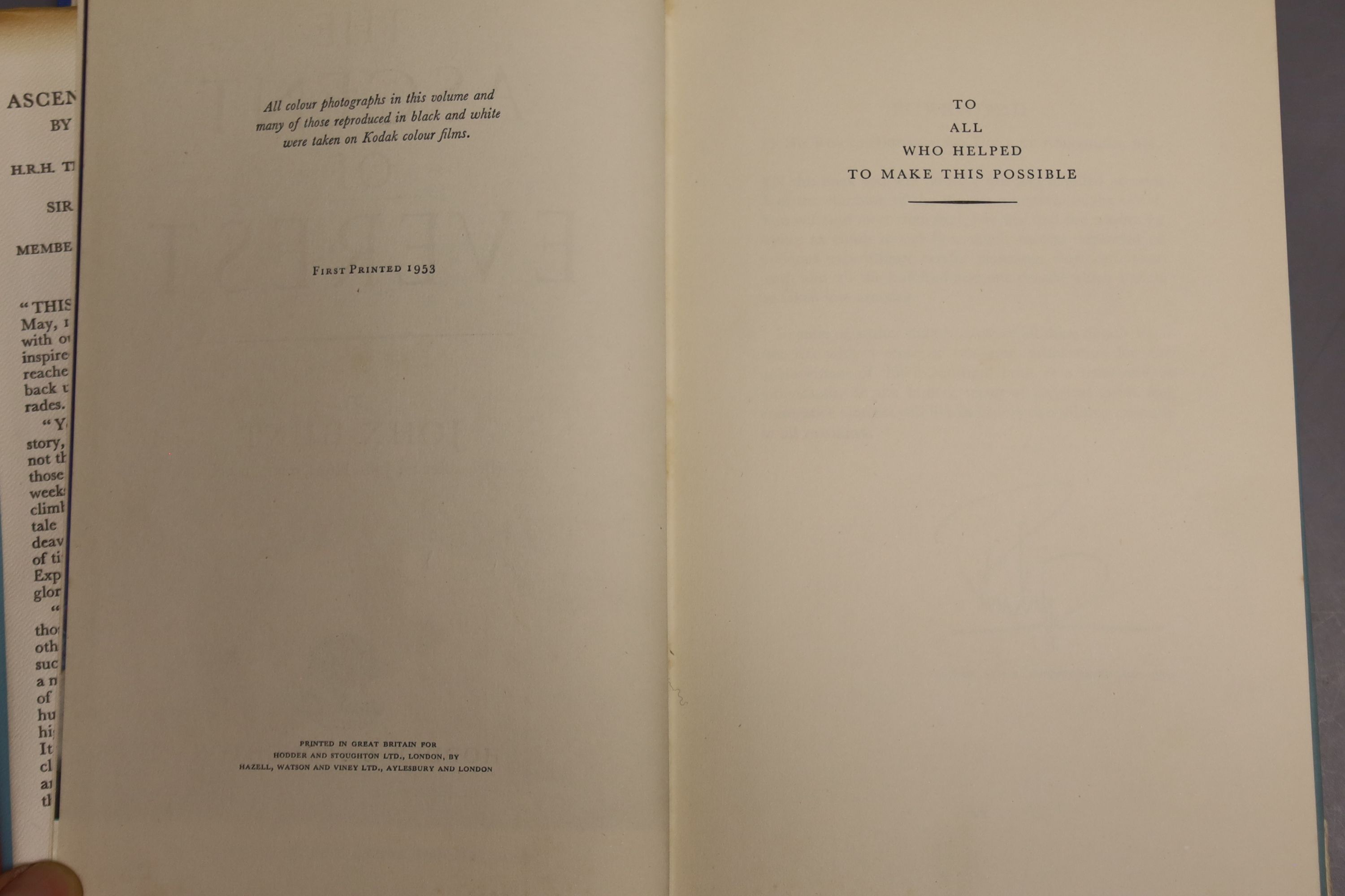 Hunt, John – The Accent Of Everest, first edition, hardback, 8vo, signed by George Band and Mike Westmacott, [two of the mountaineers with Edmund Hillary in the successful expedition] (dj present, some scuffing, small te